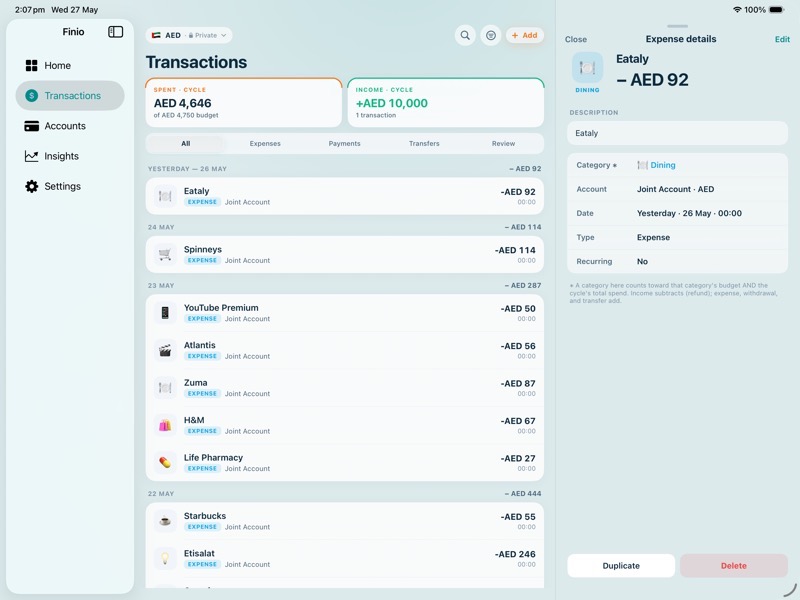 Finio on iPad — Transactions
