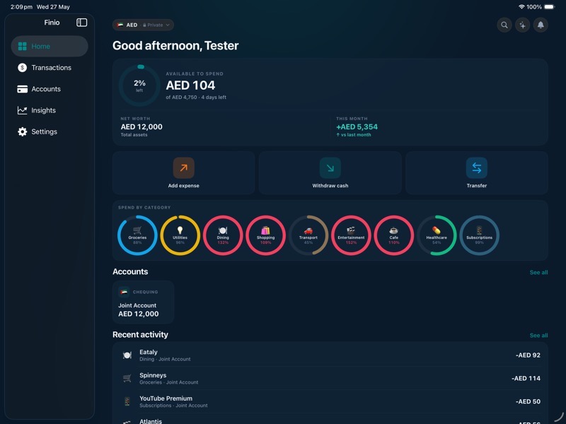Finio on iPad — Dark mode
